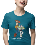 Woody And Buzz Friends Forever Women Oversized 240 Teal Blue Oversized - Premium Cotton Women Wear