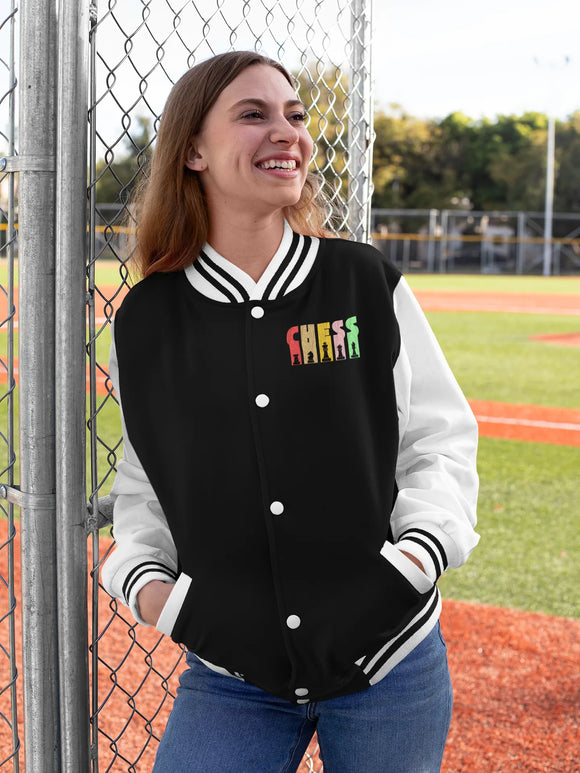 Women Varsity Jacket - Chess Women Varsity Jacket 320 Black | Fullmoon Styles