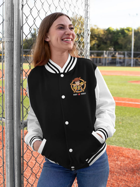 Women Varsity Jacket - Toy Story Woody Sheriff Women Varsity Jacket 320 Black | Fullmoon Styles