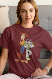 Woody And Buzz Friends Forever Women Regular Fit Tshirt 180 Maroon Regular Fit Tshirt - Premium Cotton Women Wear